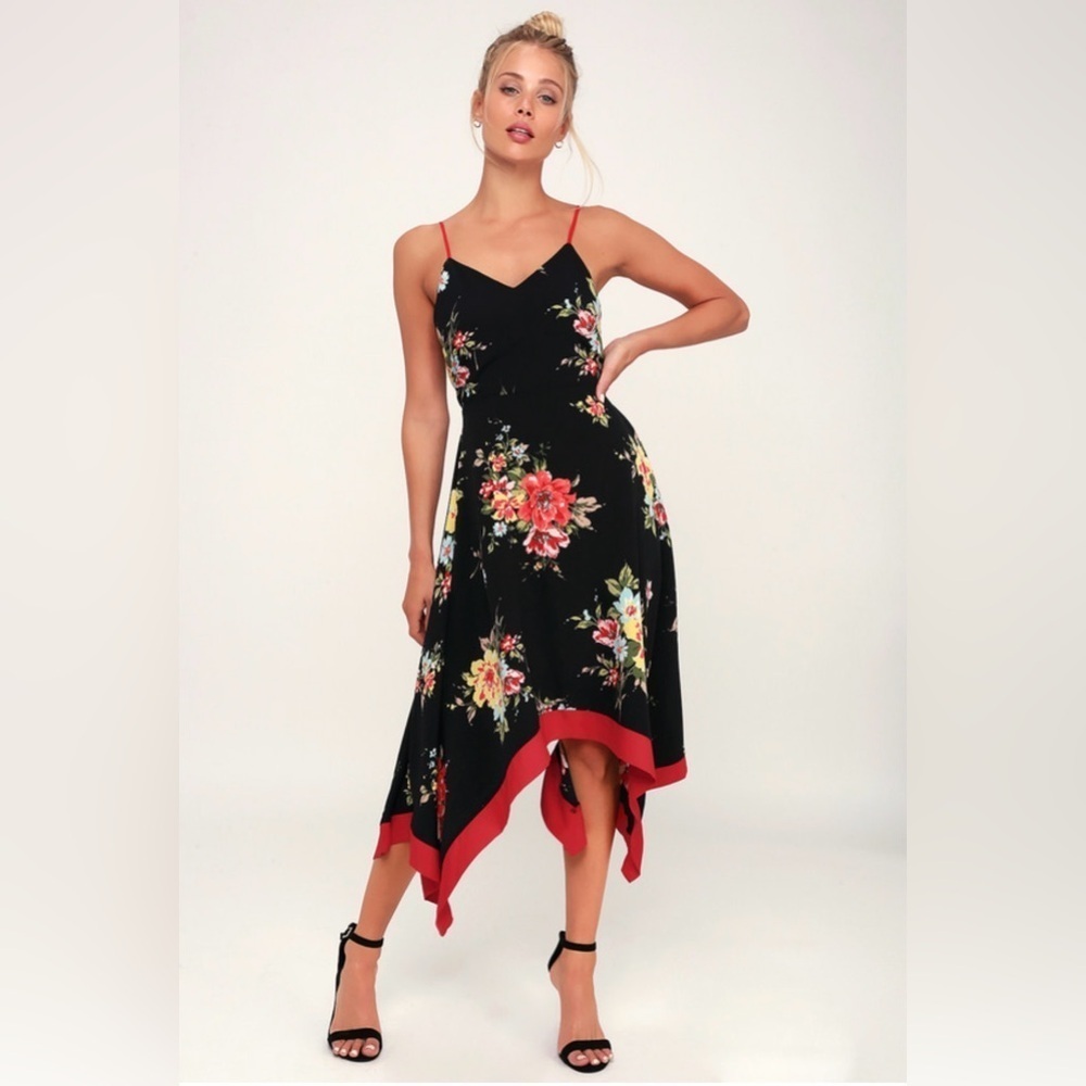 NWT Go Fleur a Twirl Black Floral Print Handkerchief Midi Dress Size Small